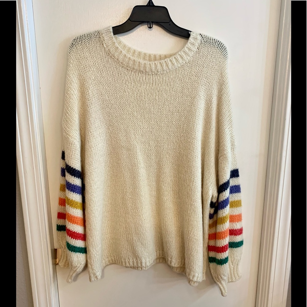Cream Sweater with Striped Sleeves